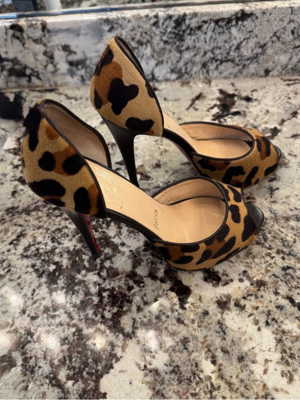 Christian Louboutin Leopard Print Peep-Toe Heels - Brown/Black - Picture 2 of 6